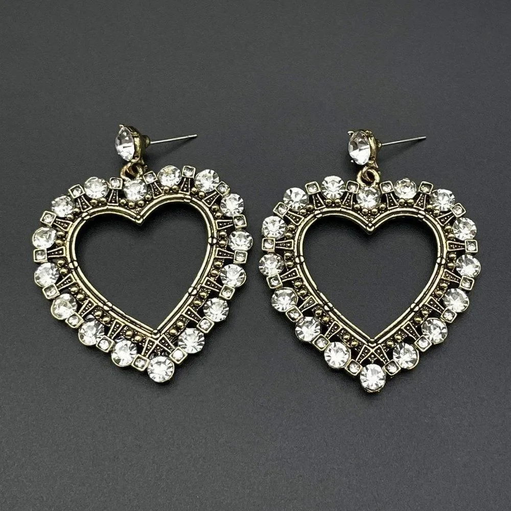 Antique Yellow Gold with White Diamond Crystal Open Heart Dangling Post Earrings